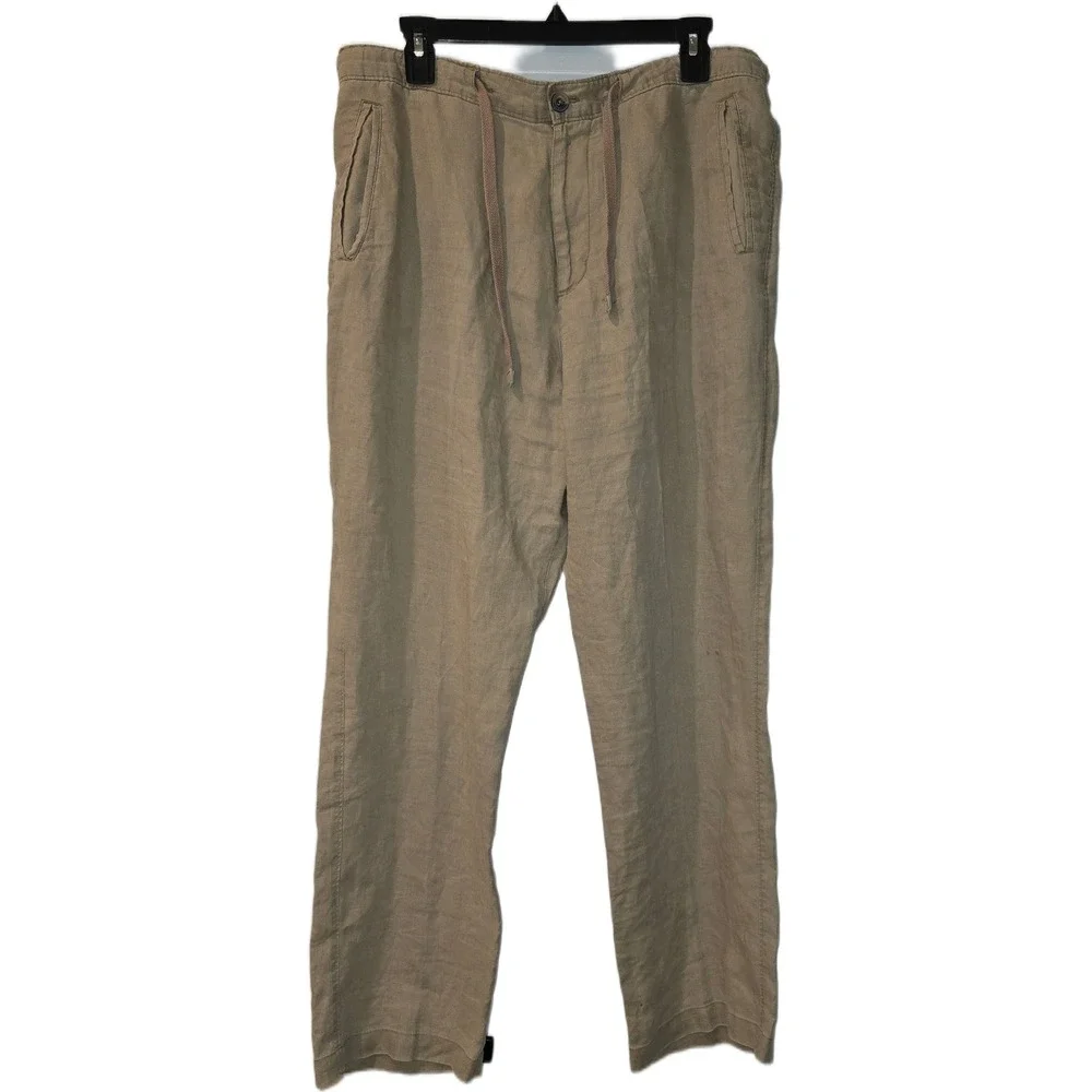 Tasso Elba Island Mens 34x32 Tan 100% Linen Drawstring Straight Leg Pants Khaki